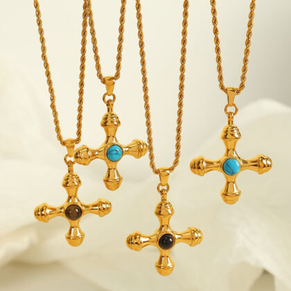 Cross Tiger Eye Stones Inlaid Necklace